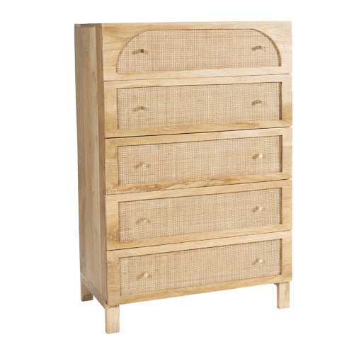NATURAL ANYA MANGO WOOD & RATTAN 5 DRAWER CHEST
