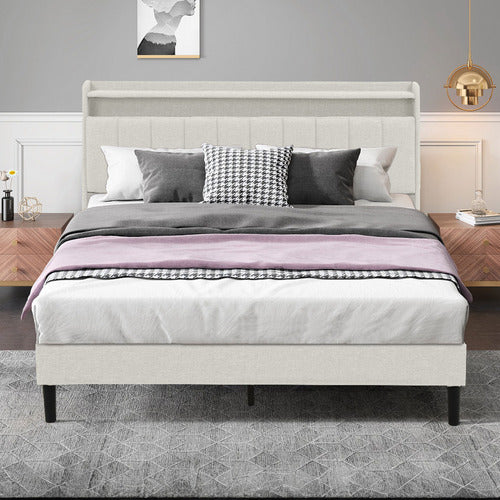 HAVEN COVE FURNITURE OSKAR UPHOLSTERED QUEEN BED FRAME WITH LED & CHARGING STATION