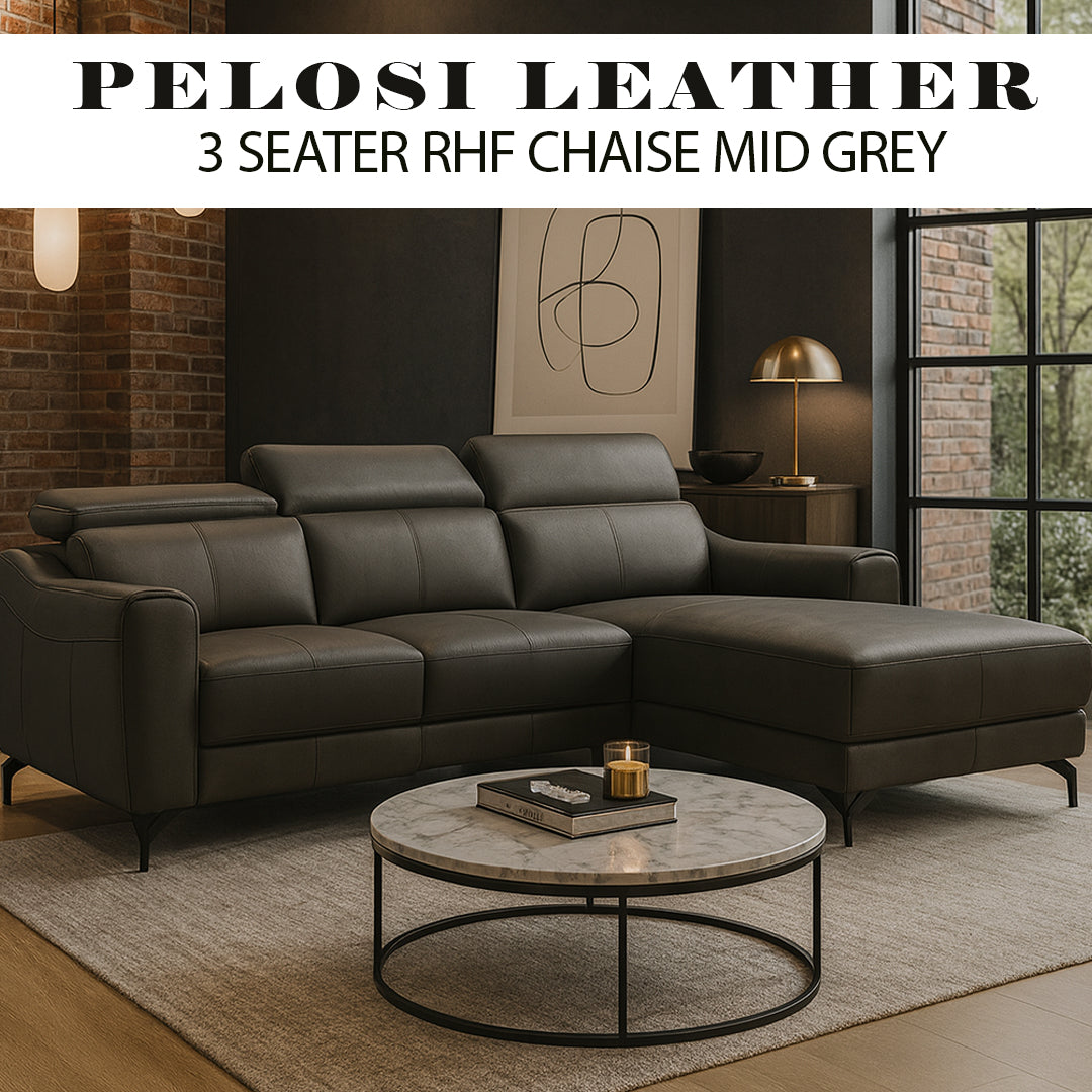 PELOSI LEATHER 3 SEATER RHF CHAISE MID GREY