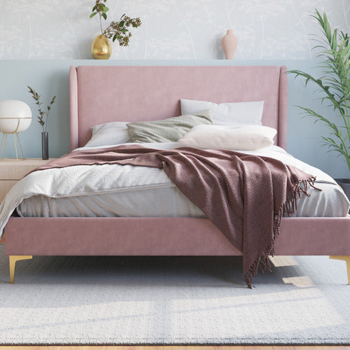 RAWSON & CO PINK ZHENG VELVET BED FRAME WITH GOLD LEGS
