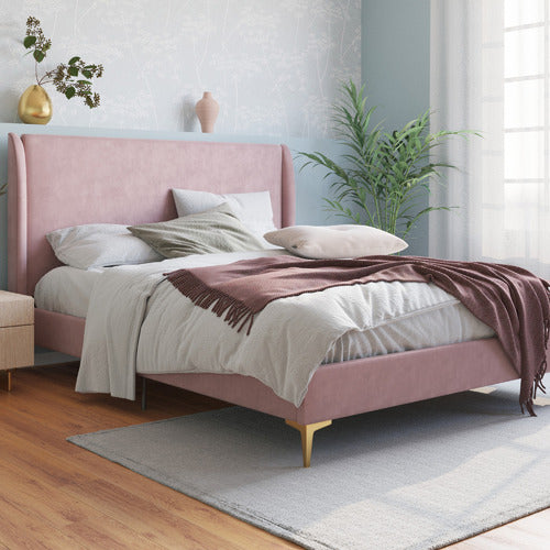 RAWSON & CO PINK ZHENG VELVET BED FRAME WITH GOLD LEGS