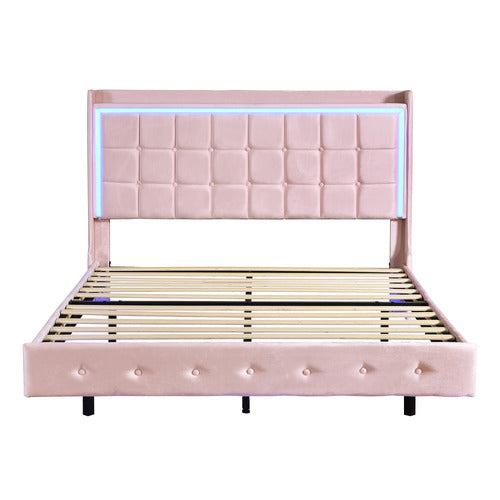 OAKLEIGH HOME PINK LEIF VELVET BED WITH LED