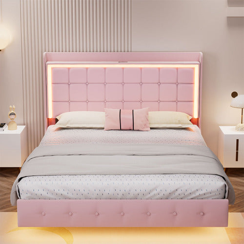 OAKLEIGH HOME PINK LEIF VELVET BED WITH LED