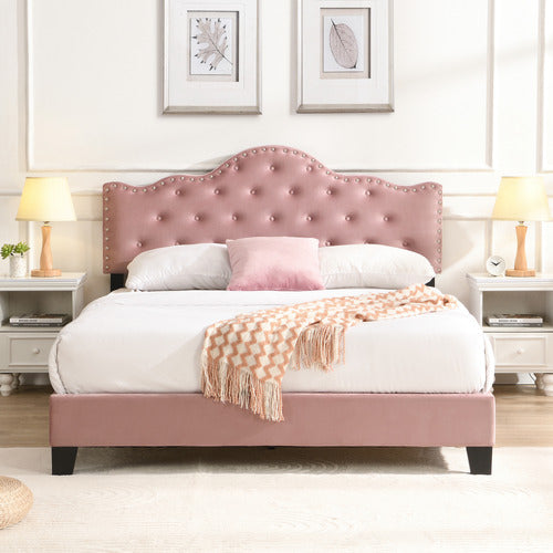 EVIE HOME PINK HOLT BUTTON-TUFTED VELVET BED FRAME