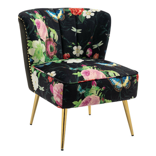 SHIRLEY LANE FURNITURE PINK ROSE & BUTTERFLY ON BLACK VELVET ACCENT CHAIR