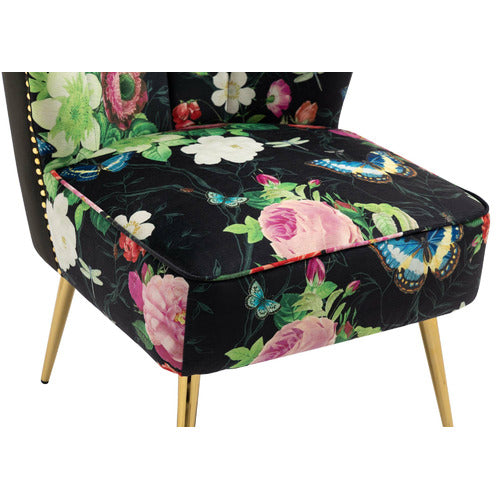 SHIRLEY LANE FURNITURE PINK ROSE & BUTTERFLY ON BLACK VELVET ACCENT CHAIR