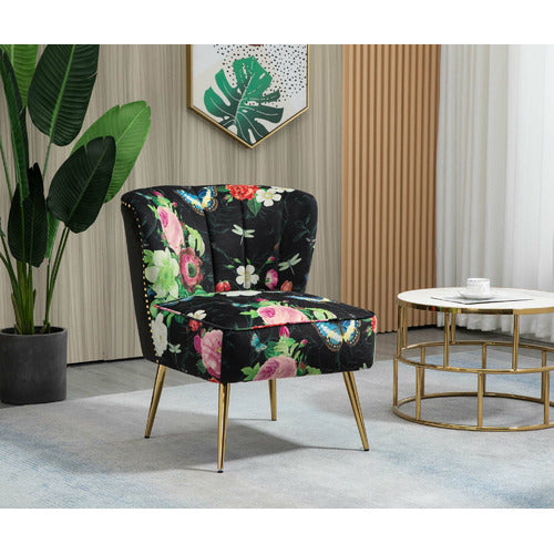 SHIRLEY LANE FURNITURE PINK ROSE & BUTTERFLY ON BLACK VELVET ACCENT CHAIR