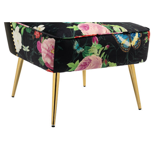 SHIRLEY LANE FURNITURE PINK ROSE & BUTTERFLY ON BLACK VELVET ACCENT CHAIR