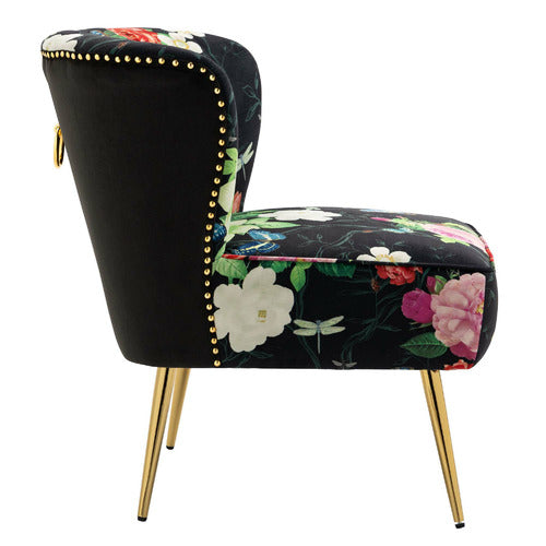 SHIRLEY LANE FURNITURE PINK ROSE & BUTTERFLY ON BLACK VELVET ACCENT CHAIR