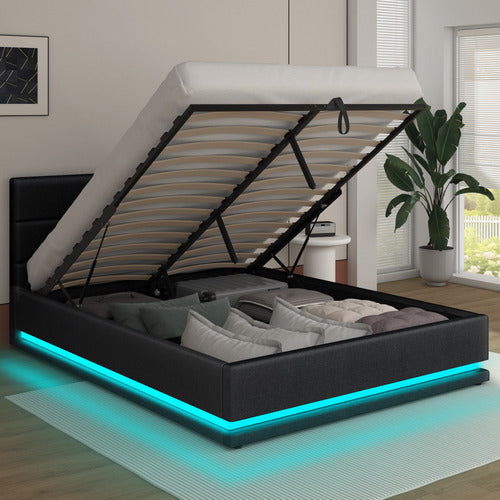 HOXTON ROOM BLACK ALPINE UPHOLSTERED GAS LIFT STORAGE BED WITH LED