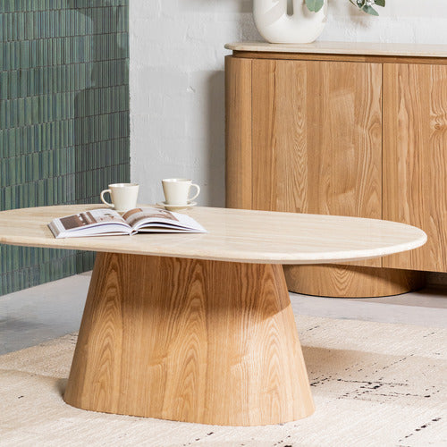 KEYS ROAD DESIGNS WESLEY OVAL TRAVERTINE-LOOK COFFEE TABLE