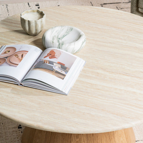 KEYS ROAD DESIGNS WESLEY ROUND TRAVERTINE-LOOK COFFEE TABLE