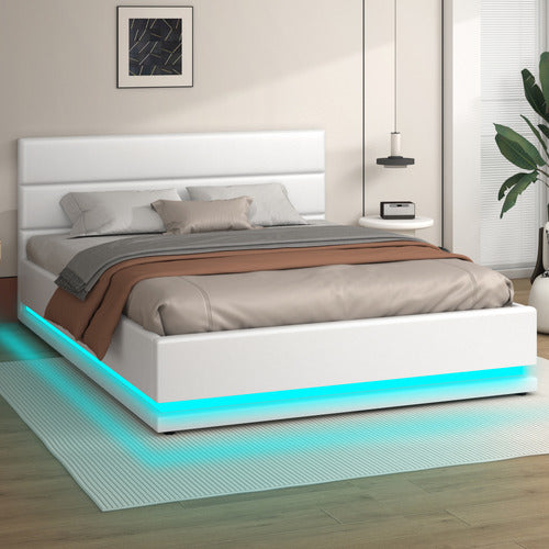 HOXTON ROOM WHITE ALPINE PU LEATHER GAS LIFT STORAGE BED WITH LED