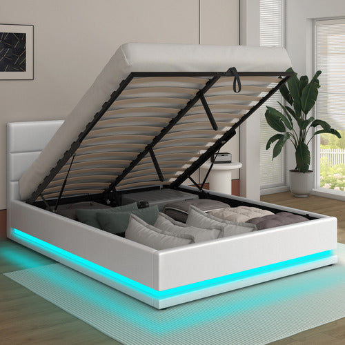 HOXTON ROOM WHITE ALPINE PU LEATHER GAS LIFT STORAGE BED WITH LED