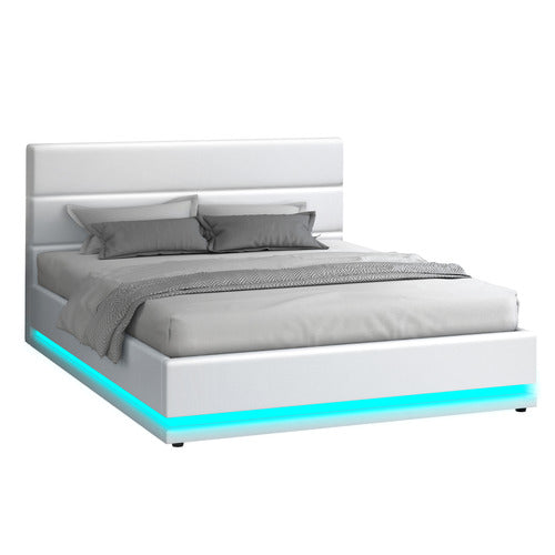 HOXTON ROOM WHITE ALPINE PU LEATHER GAS LIFT STORAGE BED WITH LED