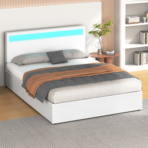 HOXTON ROOM WHITE CALEDON PU LEATHER GAS LIFT STORAGE BED WITH LED