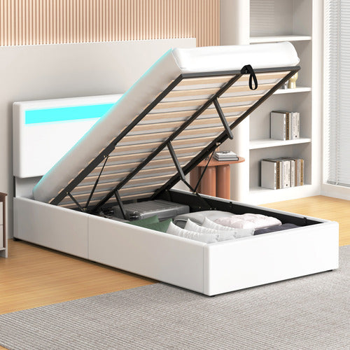 HOXTON ROOM WHITE CALEDON PU LEATHER GAS LIFT STORAGE BED WITH LED