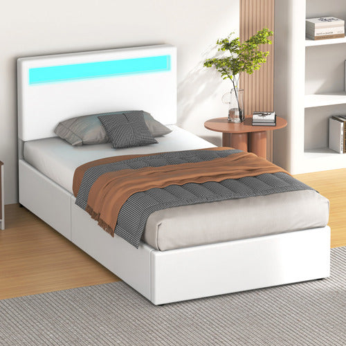 HOXTON ROOM WHITE CALEDON PU LEATHER GAS LIFT STORAGE BED WITH LED