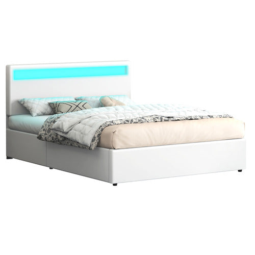 HOXTON ROOM WHITE CALEDON PU LEATHER GAS LIFT STORAGE BED WITH LED
