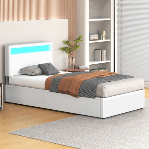 HOXTON ROOM WHITE CALEDON PU LEATHER GAS LIFT STORAGE BED WITH LED