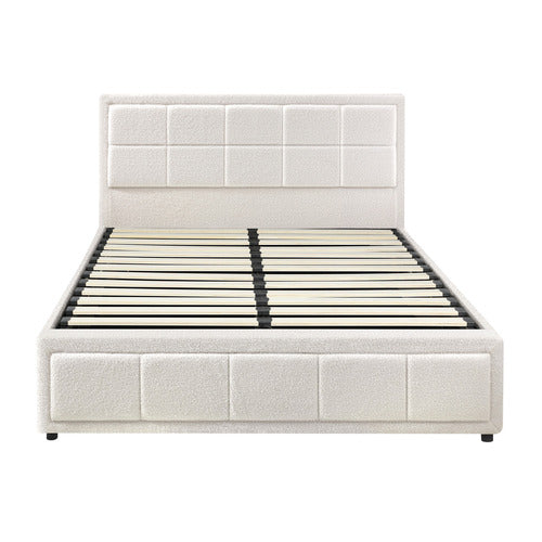 LIVING FUSION WHITE REESE BOUCLE GAS LIFT STORAGE BED FRAME
