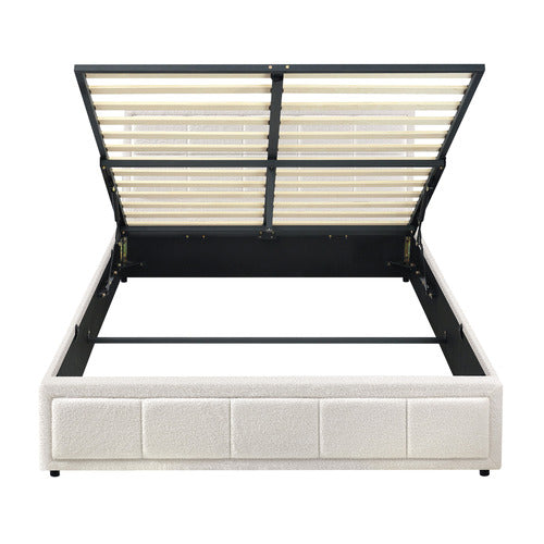 LIVING FUSION WHITE REESE BOUCLE GAS LIFT STORAGE BED FRAME