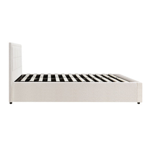 LIVING FUSION WHITE REESE BOUCLE GAS LIFT STORAGE BED FRAME