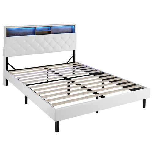 LIVING FUSION WHITE VINIE FAUX LEATHER BED WITH LED