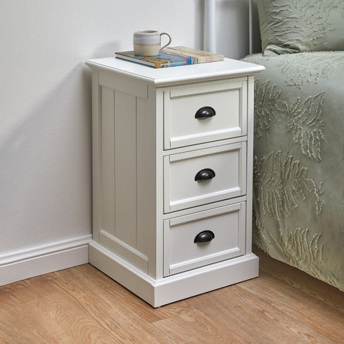 WHITE HAMPTONS 3 DRAWER BEDSIDE TABLE