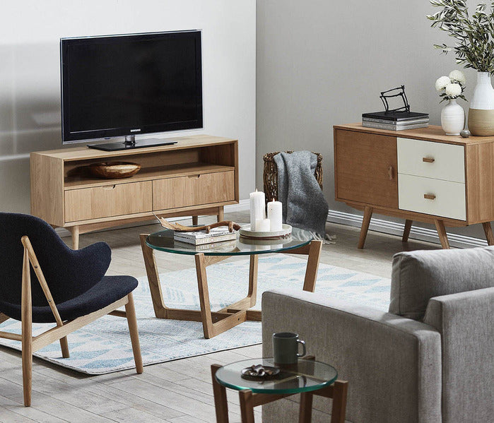 ESTUDIO FURNITURE NATURAL MONTEREY GLASS TOP COFFEE & SIDE TABLE SET