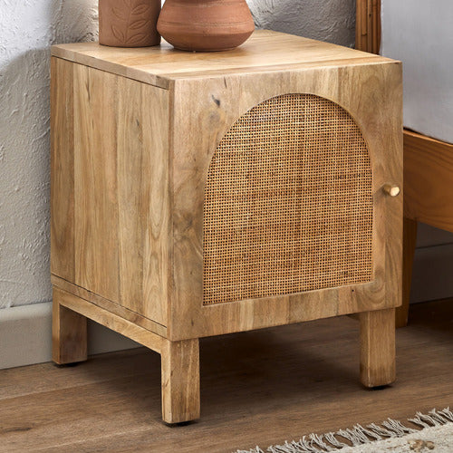 NATURAL ANYA MANGO WOOD & RATTAN BEDSIDE TABLE