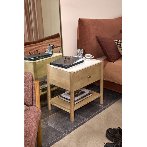 MAYA MARBLE & MANGO WOOD BEDSIDE TABLE