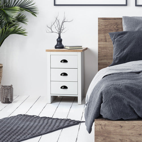 CORE LIVING WHITE & NATURAL EAST HASTINGS 3 DRAWER BEDSIDE TABLE