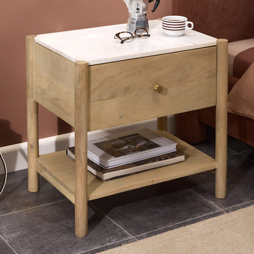 MAYA MARBLE & MANGO WOOD BEDSIDE TABLE