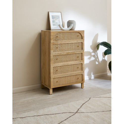 NATURAL ANYA MANGO WOOD & RATTAN 5 DRAWER CHEST