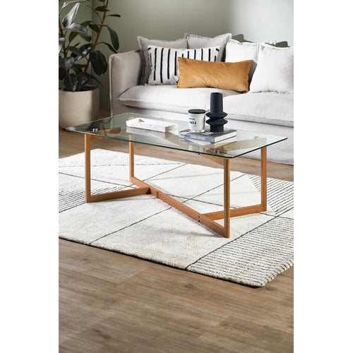 CHARLES SCULPTURAL GLASS AND OAK SOLID COFFEE TABLE