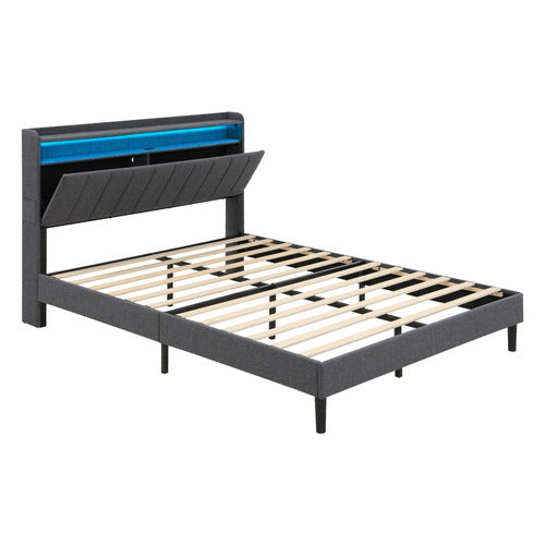 HAVEN COVE FURNITURE GREY LUSAMINE LINEN QUEEN BED WITH LED & CHARGING STATION