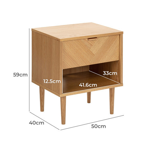 DION HERRINGBONE OAK WOOD BEDSIDE TABLE
